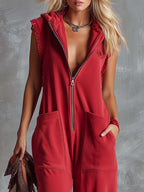 Retro Fashiona Sporty Hooded V-neck Front Zipper Raspberry Red Cotton Jumpsuit