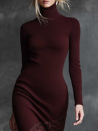 Simple And Elegant High-neck Lace Hem Burgundy Knitted Maxi Dress