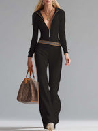 Retro Fashion Sports Hooded V-neck Front Zipper Off-white Knitted Jumpsuit