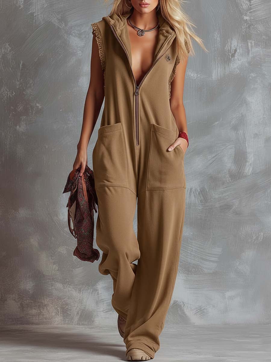 Retro Fashiona Sporty Hooded V-neck Front Zipper Raspberry Red Cotton Jumpsuit