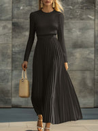 Elegant Casual And Comfortable Long-sleeved Cream Knitted Satin Pleated Hem Maxi Dress