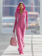 Sporty Zip-up Hooded Leopard-print Velvet Maxi Dress