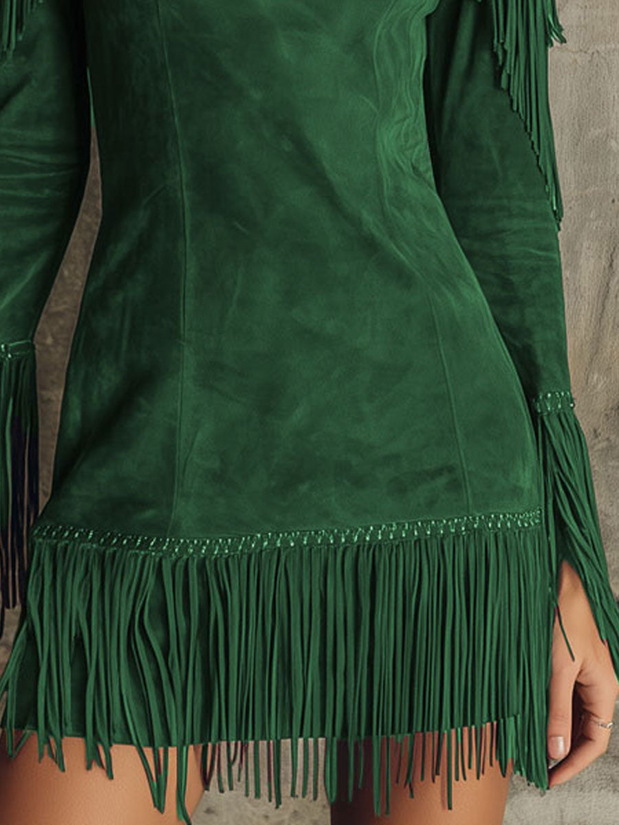 Robe Mini Suédine Élégante – Épaules Dénudées & Franges