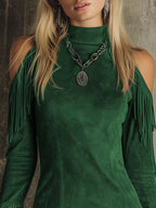 Robe Mini Suédine Élégante – Épaules Dénudées & Franges