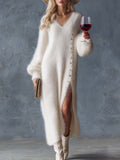Comfortable Lazy Exquisite V-neck Metal Button White Imitation Rabbit Fur Knitted Side Slit Midi Dress