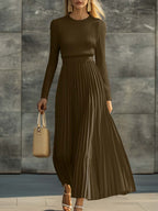 Elegant Casual And Comfortable Long-sleeved Cream Knitted Satin Pleated Hem Maxi Dress