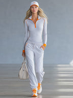 Fashionable Sporty Gray-blue Long-sleeved Half-zip Top And Trousers Set