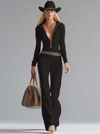 Retro Fashion Sports Hooded V-neck Front Zipper Off-white Knitted Jumpsuit