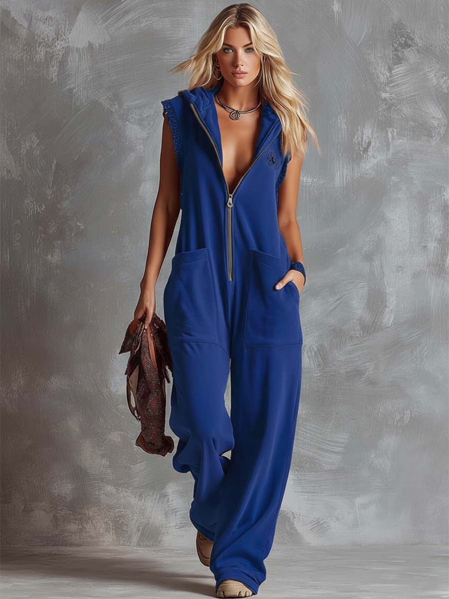 Retro Fashiona Sporty Hooded V-neck Front Zipper Raspberry Red Cotton Jumpsuit