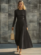 Elegant Casual And Comfortable Long-sleeved Cream Knitted Satin Pleated Hem Maxi Dress