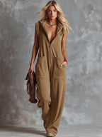 Retro Fashiona Sporty Hooded V-neck Front Zipper Raspberry Red Cotton Jumpsuit