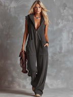 Retro Fashiona Sporty Hooded V-neck Front Zipper Raspberry Red Cotton Jumpsuit