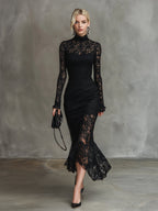 Elegant Party Black Stretch Lace Fishtail Maxi Dress