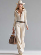 Retro Fashion Sports Hooded V-neck Front Zipper Off-white Knitted Jumpsuit