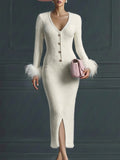 White Mohair V-neck Button Imitation Ostrich Feather Midi Dress