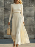 Elegant Casual And Comfortable Long-sleeved Cream Knitted Satin Pleated Hem Maxi Dress