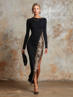 Elegant And Sparkling Sequined Black Stretch Cotton Party Maxi Dress