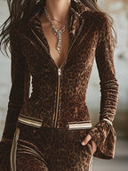 Retro Sporty Brown Leopard Print Lapel Front Zip-up Top And Flared Pants Velvet Set