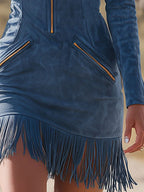 Retro Western Style Zippered Collar Blue Fringed Faux Suede Mini Dress