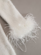 White Mohair V-neck Button Imitation Ostrich Feather Midi Dress