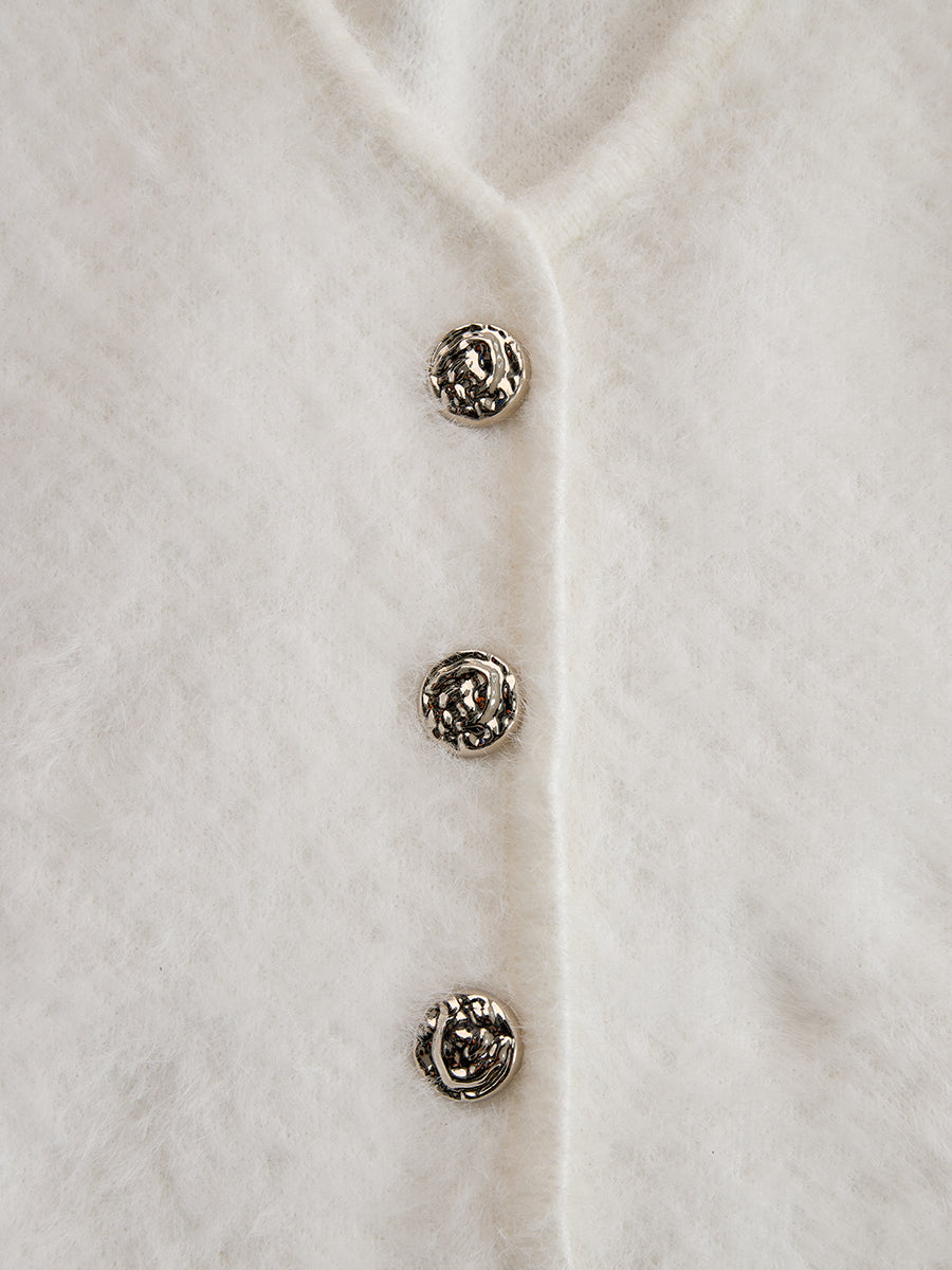 White Mohair V-neck Button Imitation Ostrich Feather Midi Dress