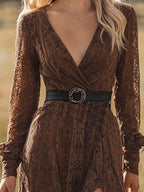 Elegant Brown Lace Front Slit Long Sleeve Maxi Dress