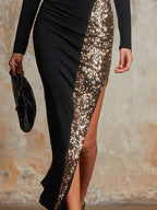 Elegant And Sparkling Sequined Black Stretch Cotton Party Maxi Dress