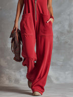 Retro Fashiona Sporty Hooded V-neck Front Zipper Raspberry Red Cotton Jumpsuit