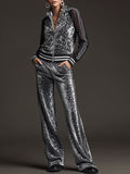 Sporty Retro Striped Mesh Sleeve Gray Leopard Print Velvet Sweatshirt And Pants Set