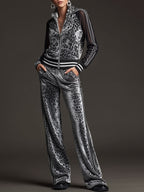 Sporty Retro Striped Mesh Sleeve Gray Leopard Print Velvet Sweatshirt And Pants Set