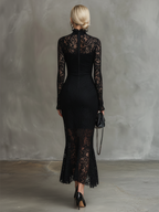 Elegant Party Black Stretch Lace Fishtail Maxi Dress