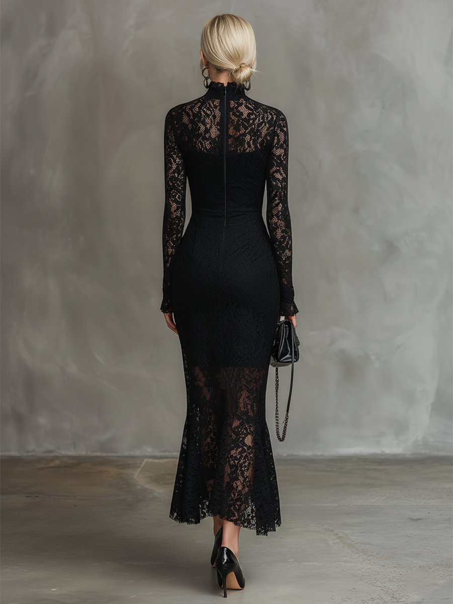 Elegant Party Black Stretch Lace Fishtail Maxi Dress