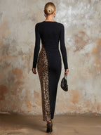 Elegant And Sparkling Sequined Black Stretch Cotton Party Maxi Dress