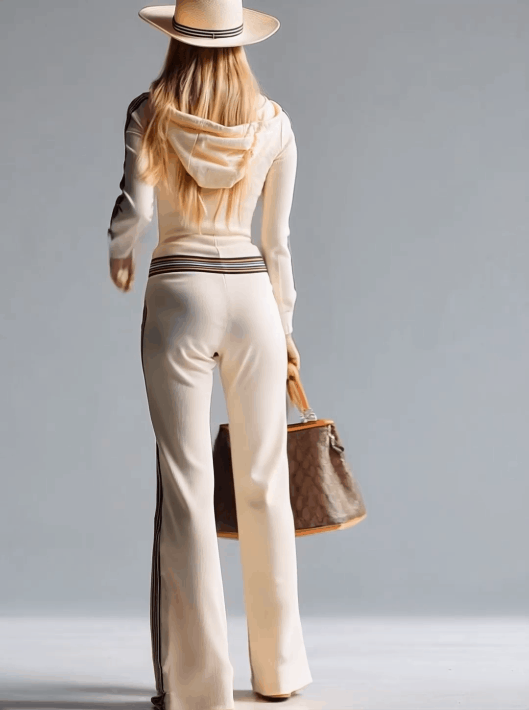 Retro Fashion Sports Hooded V-neck Front Zipper Off-white Knitted Jumpsuit