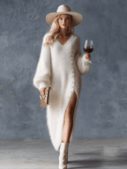 Comfortable Lazy Exquisite V-neck Metal Button White Imitation Rabbit Fur Knitted Side Slit Midi Dress