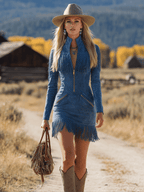 Retro Western Style Zippered Collar Blue Fringed Faux Suede Mini Dress