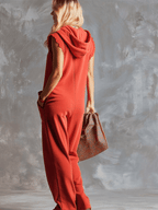 Retro Fashiona Sporty Hooded V-neck Front Zipper Raspberry Red Cotton Jumpsuit