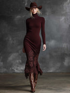 Simple And Elegant High-neck Lace Hem Burgundy Knitted Maxi Dress