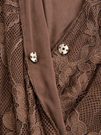 Elegant Brown Lace Front Slit Long Sleeve Maxi Dress