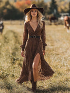 Elegant Brown Lace Front Slit Long Sleeve Maxi Dress