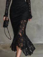 Elegant Party Black Stretch Lace Fishtail Maxi Dress