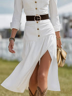 Robe Midi Élégance – Boutons & Fente Fluide